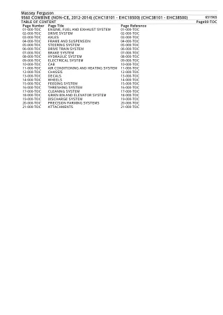 Massey Ferguson 9560 COMBINE (NON-CE, 2012-2014) (CHC18101 - EHC18500) (CHC38101 - EHC38500) Parts Catalogue Manual Inst