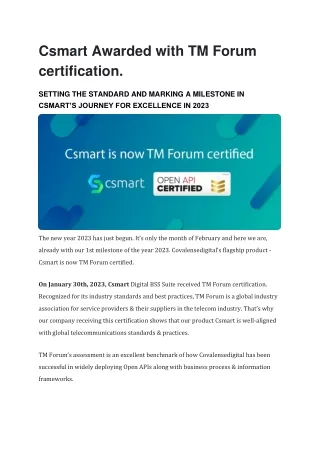 Csmart Awarded with TM Forum certification