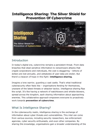 Intelligence Sharing - The Silver Shield For Prevention Of Cybercrime