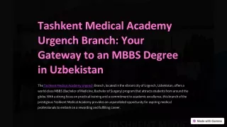 Tashkent Medical Academy Urgench Branch Uzbekistan, MBBS Fees, Admission