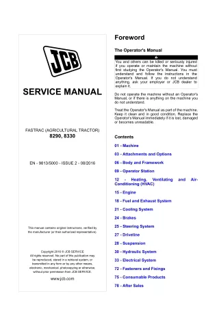 JCB 8290 FASTRAC (AGRICULTURAL TRACTOR) Service Repair Manual (From 1351000 To 1359999)