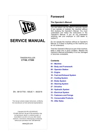 JCB CT160 Tandem Roller Service Repair Manual SN 2556201 and up