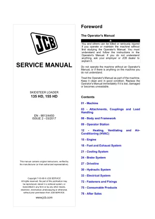 JCB 135 HD, 155 HD Skid Steer Loader Service Repair Manual Instant Download (SN 2431601 and up)