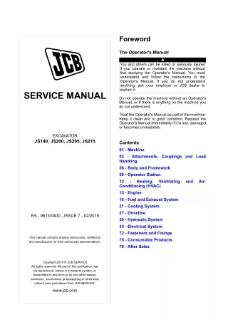 JCB JS140 Tracked Excavator Service Repair Manual SN from 1318762 to 1318999