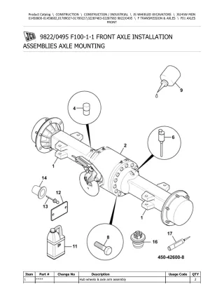 JCB JS145W MON Wheeled Excavator Parts Catalogue Manual (Serial Number 01789027-01789227)