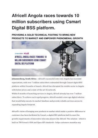 Africell Angola races towards 10 million subscribers using Csmart Digital BSS platform