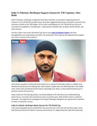 India Vs Pakistan Harbhajan Suggests Samson for T20 Captaincy After Rohit