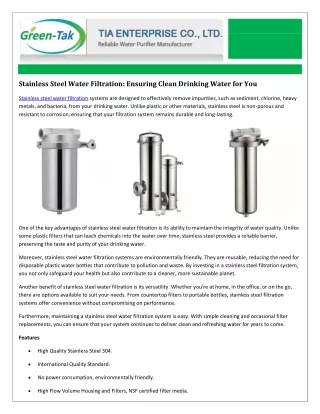 Stainless Steel Water Filtration: Superior Water Quality with Green-Tak