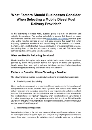 What Factors Should Businesses Consider When Selecting a Mobile Diesel Fuel Delivery Provider