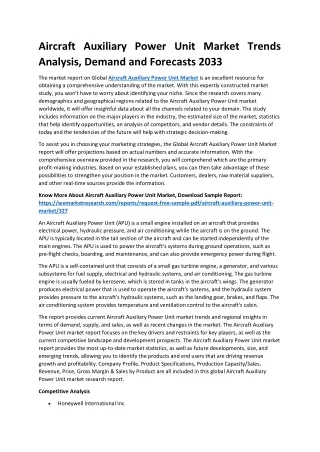 Aircraft Auxiliary Power Unit Market Trends Analysis