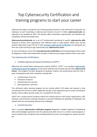 Top Cybersecurity Certification and training programs to start a career