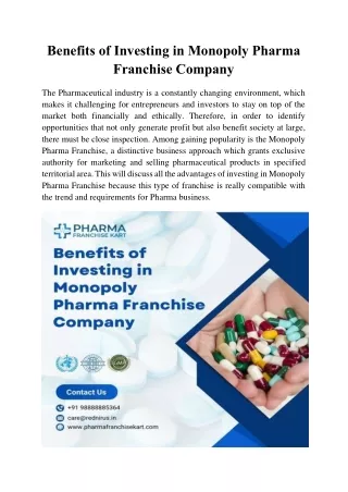 Benefits of Investing in Monopoly Pharma Franchise Company