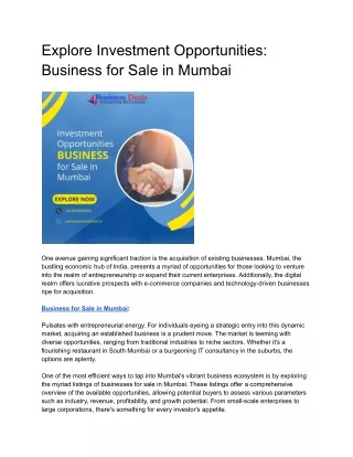 Explore Investment Opportunities: Business for Sale in Mumbai