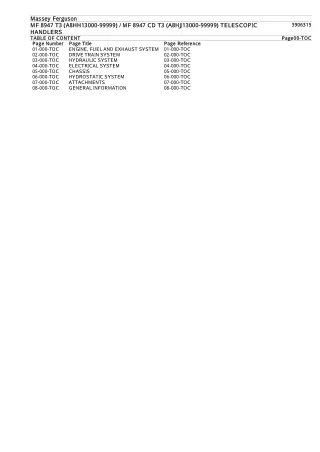 Massey Ferguson MF 8947 T3 (A8HH13000-99999)  MF 8947 CD T3 (A8HJ13000-99999) TELESCOPIC HANDLERS Parts Catalogue Manual