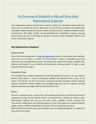 An Overview of Implants in Hip and Knee Joint Replacement Surgeries