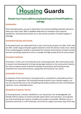 Elevate Your Projects with Housing Guards Superior Drywall Supplies in Uxbridge