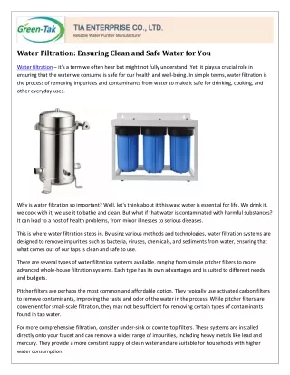 Water Filtration: Ensuring Clean and Safe Water for You