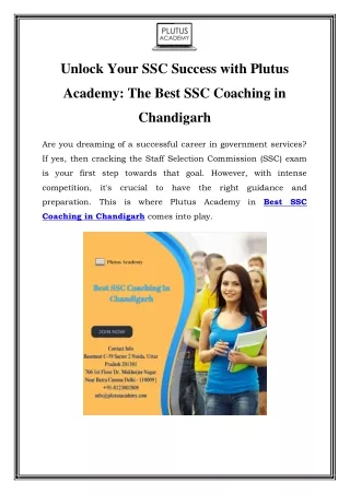 Unlock Your SSC Success: Best Coaching in Chandigarh by Plutus Academy