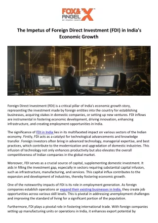 The Impetus of Foreign Direct Investment (FDI) in India's Economic Growth