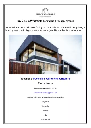 Buy Villa In Whitefield Bangalore   Shinerealtor.in