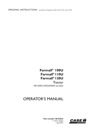 Case IH Farmall 100U Farmall 110U Farmall 120U Tractor (Pin.HLRFUI20CGLP03805 and above) Operator’s Manual Instant Downl