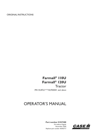 Case IH Farmall 110U Farmall 120U Tractor (Pin.HLRFUIHLP00001 and above) Operator’s Manual Instant Download (Publication