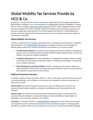 Global Mobility Tax Services Provide by HCO & Co.