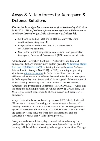 Ansys & NI Join forces for Aerospace & Defense Solutions