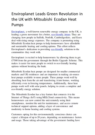 Enviroplanet Leads Green Revolution in the UK with Mitsubishi Ecodan Heat Pumps