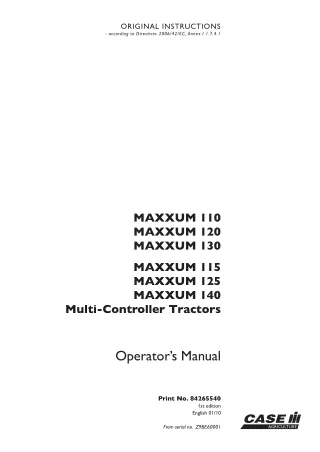 Case IH MAXXUM 110 MAXXUM 120 MAXXUM 130 MAXXUM 115 MAXXUM 125 MAXXUM 140 Multi-Controller Tractors Operator’s Manual In