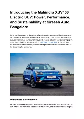 Introducing the Mahindra XUV400 Electric SUV Power, Performance, and Sustainability at Sireesh Auto, Bangalore