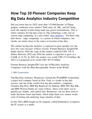 How Top 10 Pioneer Companies Keep Big Data Analytics Industry Competitive