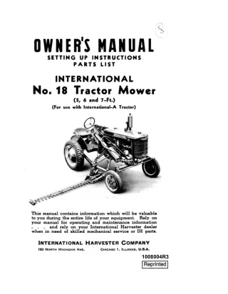 Case IH No.18 Tractor Mower (5,6 and 7-Ft.) for use with International-A Tractor Setting Up Instructions Parts List Oper