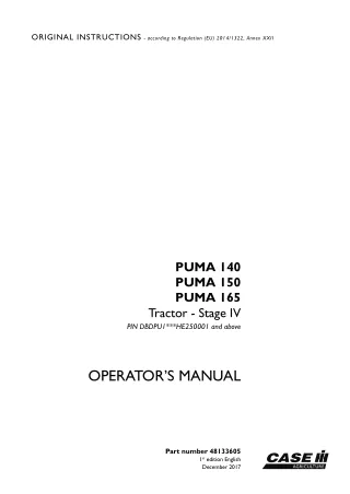 Case IH PUMA 140 PUMA 150 PUMA 165 Stage IV Tractor (Pin.DBDPUIHE250001 and above) Operator’s Manual Instant Download (P