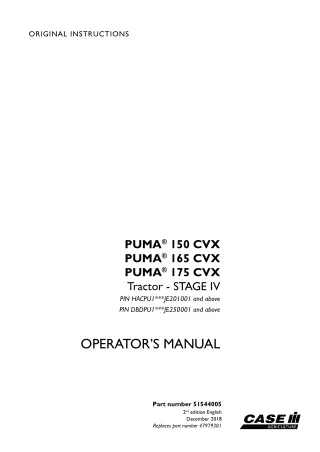 Case IH PUMA 150CVX PUMA 165CVX PUMA 175CVX Stage IV Tractor (Pin. HACPUIJE201001 and above Pin.DBDPUIJE250001 and above