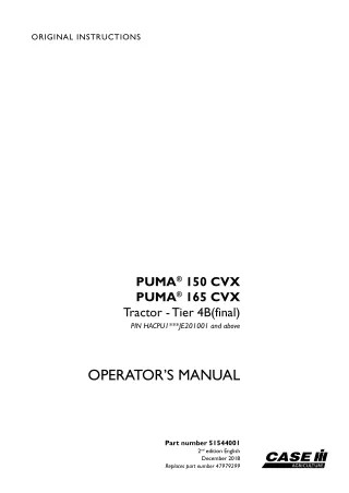 Case IH PUMA 150CVX PUMA 165CVX Tier4B (final) Tractor (Pin.HACPUIJE201001 and above) Operator’s Manual Instant Download