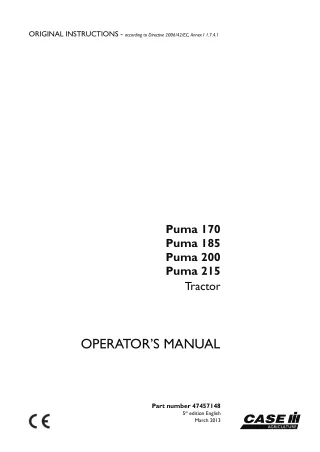 Case IH Puma 170 Puma 185 Puma 200 Puma 215 Tractor Operator’s Manual Instant Download (Publication No.47457148)