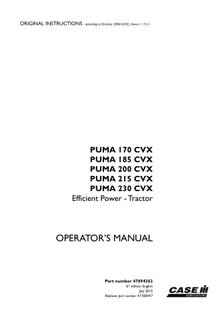 Case IH PUMA 170CVX PUMA 185CVX PUMA 200CVX PUMA 215CVX PUMA 230CVX Efficient Power Tractor Operator’s Manual Instant Do