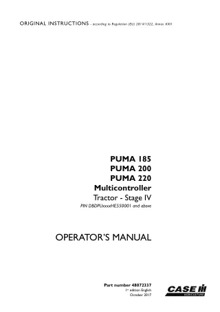 Case IH PUMA 185 PUMA 200 PUMA 220 Multicontroller Stage IV Tractor (Pin.DBDPUxxxxHE550001 and above) Operator’s Manual