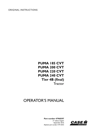 Case IH PUMA 185CVT PUMA 200CVT PUMA 220CVT PUMA 240CVT Tier4B (final) Tractor Operator’s Manual Instant Download (Publi