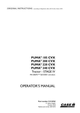 Case IH PUMA 185CVX PUMA 200CVX PUMA 220CVX PUMA 240CVX Stage IV Tractor (Pin.DBDPUJE550001 and above) Operator’s Manual