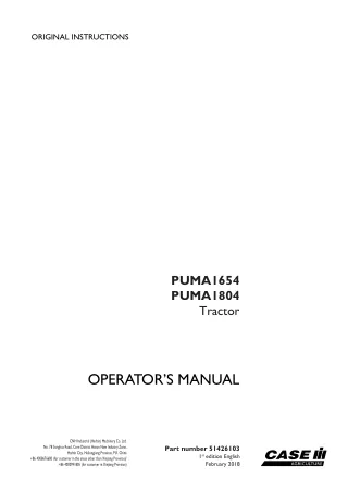 Case IH PUMA1654 PUMA1804 Tractor Operator’s Manual Instant Download (Publication No.51426103)