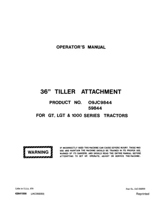 Ford New Holland 36 Tiller Attachment for GT LGT & 1000 Series Tractors Operator’s Manual Instant Download (Publication