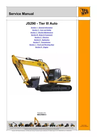 JCB JS290 - Tier III Auto Tracked Excavator Service Repair Manual Instant Download