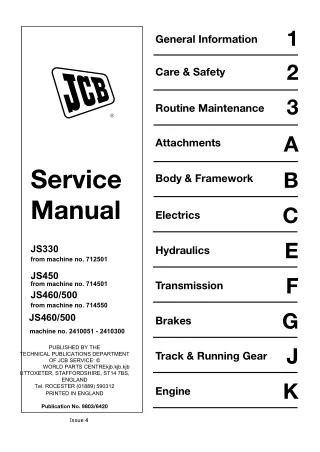 JCB JS330, JS450, JS460 and JS500 Tracked Excavator Service Repair Manual Instant Download