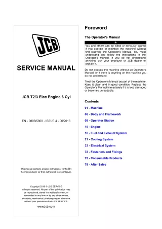 JCB T2  T3 Elec Engine 6 Cyl Service Repair Manual Instant Download