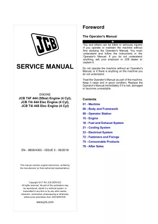 JCB T4F 444 (55KW) Engine (4 Cyl), T4i 444 Elec Engine (4 Cyl), T4i 448 Elec Engine (4 Cyl) Service Repair Manual Instan