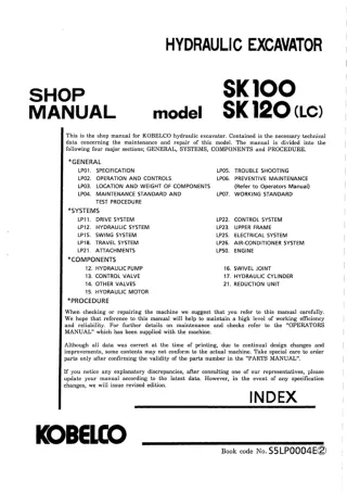 Kobelco SK100, SK120, SK120LC Crawler Excavator Service Repair Manual (LP-5201 ～)