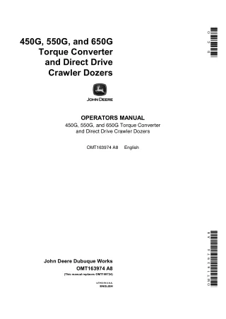 John Deere 450G 550G and 650G Torque Converter and Direct Drive Crawler Dozers Operator’s Manual Instant Download (Publi