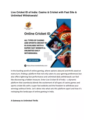 Live Cricket ID of India: Casino & Cricket with Fast Site & Unlimited Withdrawal